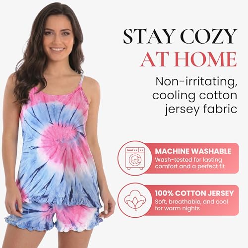 Image of Just Love Women's Tie Dye Pajama Short Set, 100% Cotton Tank and Shorts Sleepwear with Ruffle Detail