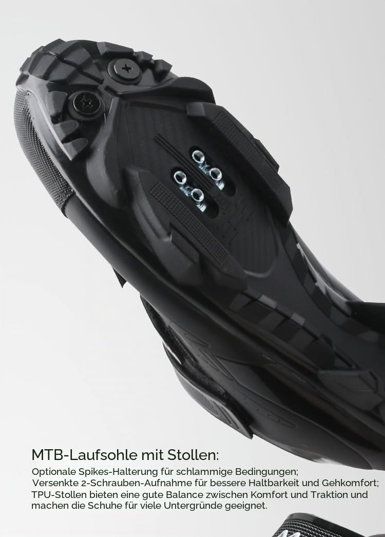 Msport MTB Schuhe Herren/Damen – Atmungsaktive, rutschfeste Fahrradschuhe, Kompatibel mit SPD-Systempedalen für Mountainbike & Indoor-Cycling - Schwarz 45 EU