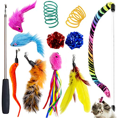 Youngever Cat Teaser Feather Toy, Retractable Cat Toys Wand with Assorted Teaser Refills, Interactive Feather Teaser Wand Toy Bell Kitten Cat Having Fun Exerciser Playing