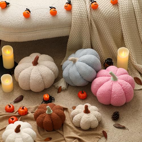 YRXRUS Pumpkin Pillows, Halloween Pumpkin Pillow Set of 2, Pink Throw Pillows Fall Room Decoration, Teddy Fleece 6x12&4x7 Inches Accent Cushion Gifts for Holiday