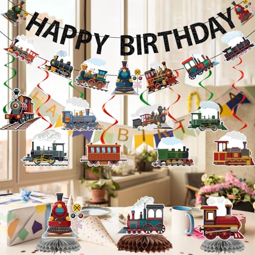 Image of Train Birthday Party Decorations - 13PCS Vintage Train Birthday Decorations Glitter Banners Hanging Swirls Honeycomb Centerpieces Retro Transportation Railroad Crossing Party Supplies Decor