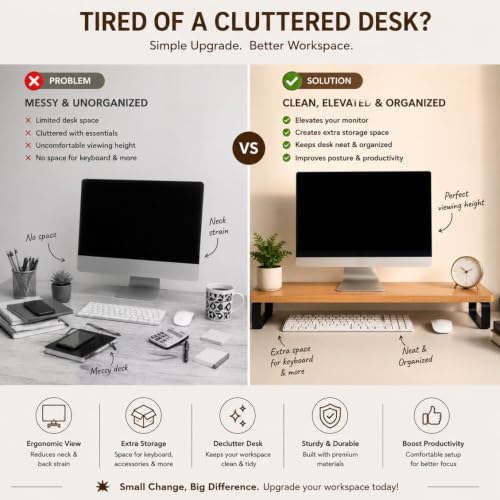 Image of Decorlay Engineered Wood Monitor Stand Riser for Desk, Desktop Organizer with Metal Legs, Computer Screen Stand for Office & Home, Laptop Stand Shelf, Tabletop Storage Rack, Wooden Desk Organizer for Monitor Keyboard Accessories