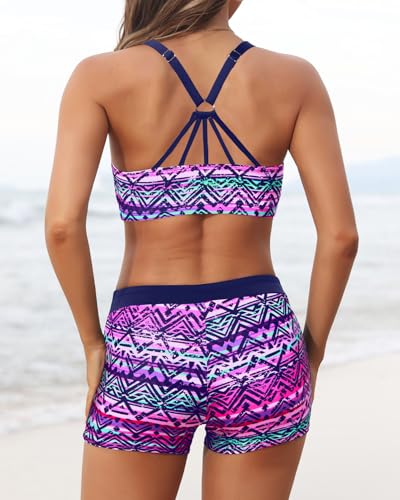 Image of Aqua Eve 3 Piece Tankini Swimsuit for Women Tank Bathing Suit with Shorts Open Back Athletic Swimwear