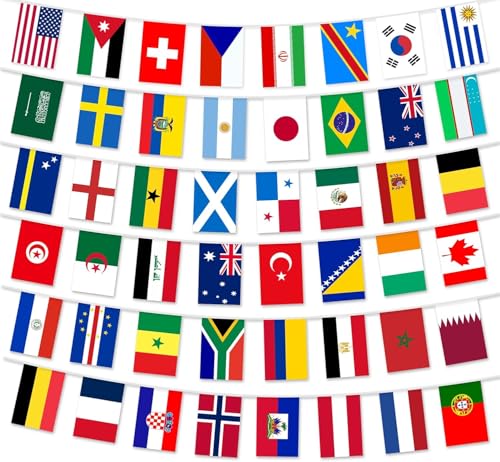 14m World Cup Football 2026 Flags Bunting 48 Countries Flags Double Sides Fabric Bunting for National Party World Cup Football 2026 Bar Club Garden Street Decorations
