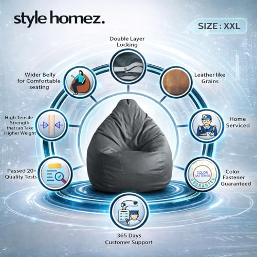 Style Homez Premium Leatherette Classic Bean Bag XXL Grey Cover - Image 5