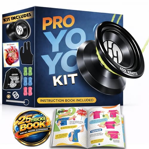 Professional Responsive Yoyo Kit, Premium Alloy Yo-Yo for Kids and Beginners with Easy-to-Follow Top 25 Tricks Book, Yoyo Glove, Storage Sack, 10 Colored Strings, and Bearing Tool, Great Gift for Boy.