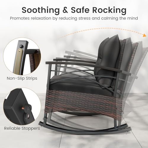 Image of Tangkula 3 Pieces Wicker Outdoor Rocking Chairs Set | Heavy Duty Cushioned Rattan Patio Rocker Bistro Set, 2-Tier Side Table w / Acacia Wood Tabletop, for Porch Balcony Backyard