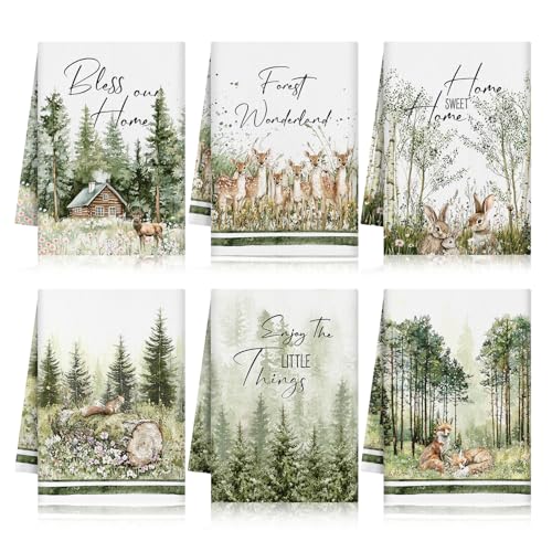 Culudea 6Pcs Forest Woodland Kitchen Towels Green Rustic Farmhouse Dish