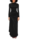 Women's Casual Long Sleeve Boat Neck High Split Ruched Bodycon Long Formal Dress
