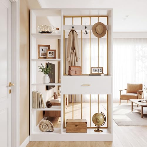 Tribesigns 70.8-Inch Wall Room Divider with Shelves Modern Freestanding Room Divider with Drawer & Coat Racks Wood Wall Partition Room Dividers for Room Separation Home Office White & Gold