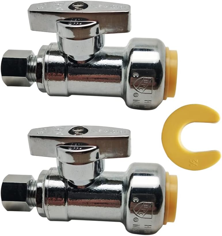 HQMPC Angle Stop Valve, 1/2" Ptc x 1/4" No Lead Compression Push Fit Angle Shut Off Water Valve with Disconnect Clip, Push-to-Connect, PEX, Copper, CPVC 2Pcs …