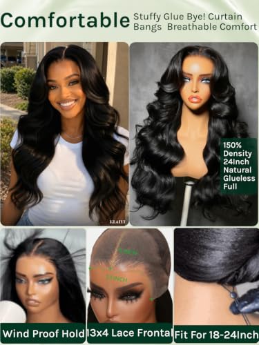 Image of KLAIYI Loose Wave Bangs Glueless Precut 13x4 Lace Front Wigs Human Hair 16 inch