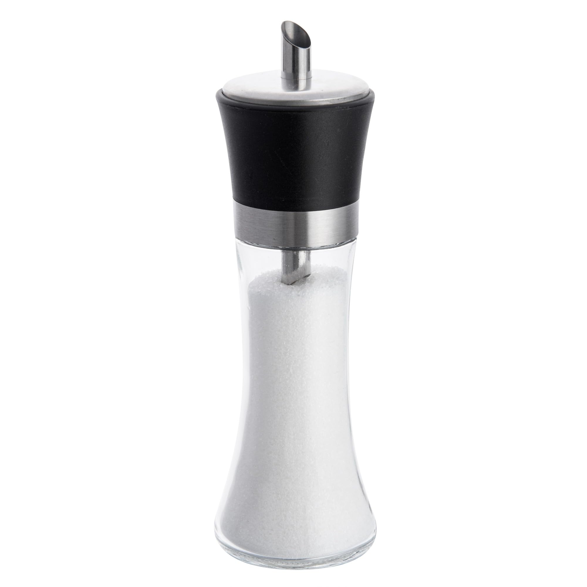 Vetri - Dispensador de azúcar de vidrio de 6 onzas, con boquilla de vertido, tapa negra, 1 3/4 pulgadas x 1 3/4 pulgadas x 5 3/4 pulgadas, 1 caja