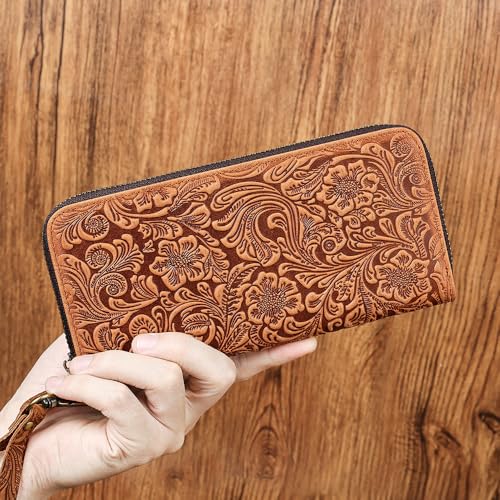 Image of NIUCUNZH Long Men's Leather Wallet Zipper Embossed with Flower Print Biflold Wallet Checkbook Paper Money Women Photo Card Holders