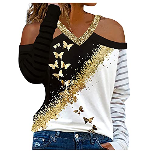 KEXIMIXUEHauts Pour Femmes T-shirt à Imprimé Papillon Doré Tunique à Manches Longues Chemisier Irrégulier Avec Surpiqûres Contrastées noir XL Cover