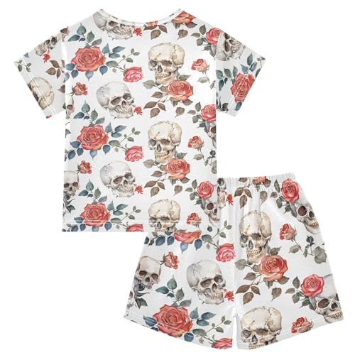 ALAZA Sugar Skull Rose Blossom Leaf Pajamas Short Sleeve 2 Piece Sleepwear Top and Bottom Pajama Set Unisex2