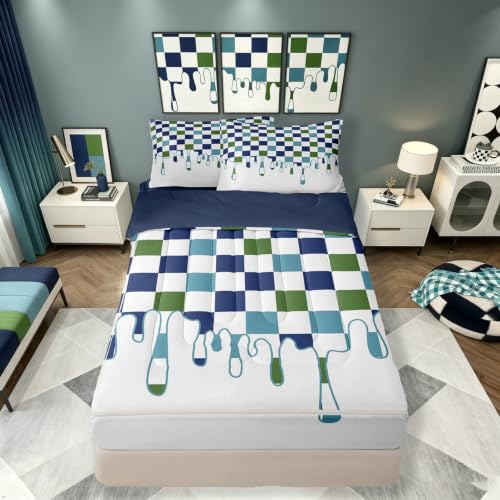Image of Blue Green Checkered Zipper Bedding Twin - 4 Piece Zip Up Comforter Set with Fitted Sheet & Pillowcases,Soft Bed-in-a-Bag Set for Bunk Beds & Rvs,Checkerboard Drip Indie Aesthetic Funky Geometric