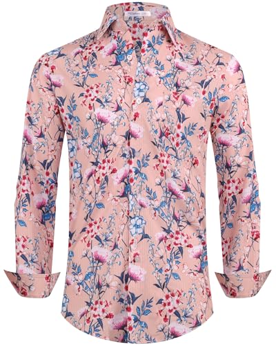 Aiertop Men's Hawaiian Long Sleeve Dress Tropical Floral Printed Pattern Casual Button Down Wrinkle Free Shirts with Pocket A148 Pink Flower Blue Leaf L