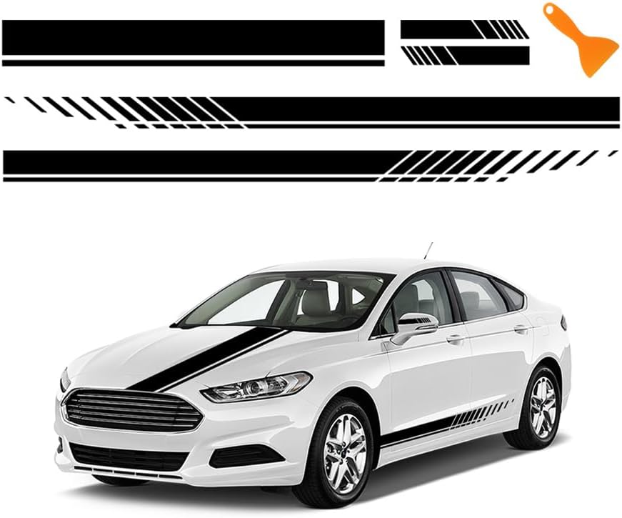 5PCS Racing Stripes - 1PC Hood + 2PCS Side Decals + 2PCS Mirror Stickers, Water-Resistant Stylish Car Accessories, Truck (Black)