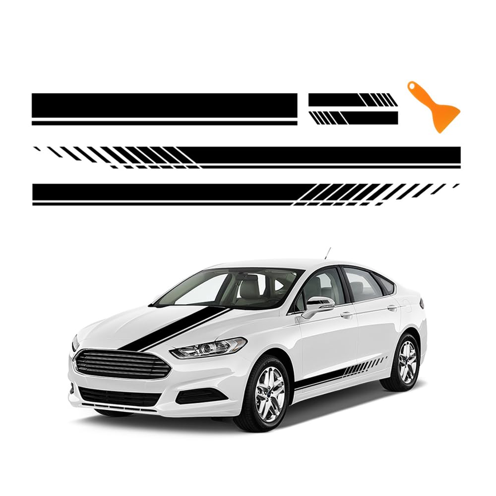 5PCS Racing Stripes - 1PC Hood + 2PCS Side Decals + 2PCS Mirror Stickers, Water-Resistant Stylish Car Accessories, Truck (Black)