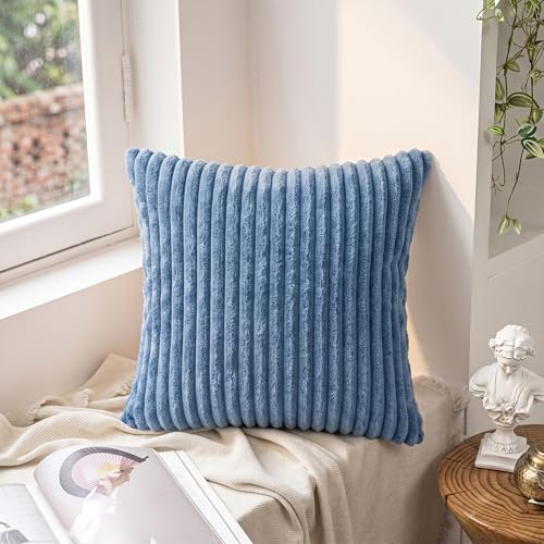 Image of Yellow Weaves Pencil-Stripe Fur Cushion Covers | Soft Polyester | Decorative Sofa & Throw Pillow Covers | 16x16 Inches, Pack of 3 (Sky Blue)