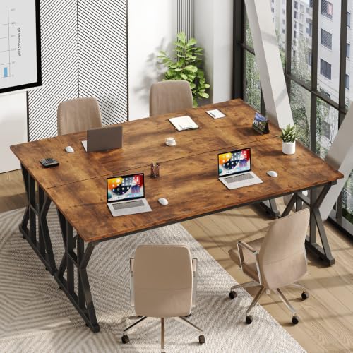 Image of 63 inch Large Computer Desk with Thickened Frame for Home Office, Living Room | Modern Simple Executive Desk, Larger Gaming Desk with X-Shaped ReInchforcement, Rustic Brown