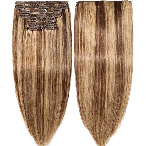 s-noilite Clip in Human Hair Extensions 100% Real Remy Thick True Double Weft Full Head 8 Pieces 18 clips Straight silky (12 inch - 115g,Medium Brown/Dark Blonde (#4/27))