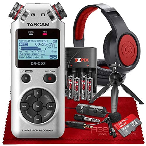 Tascam DR-05X 2-Input / 2-Track Portable Stereo Handheld Digital Audio Recorder w/USB Audio Interface (Silver) + SR360 Stereo Headphones, Lav Mic, 32GB SD, Tripod & AA Batteries W/Charger