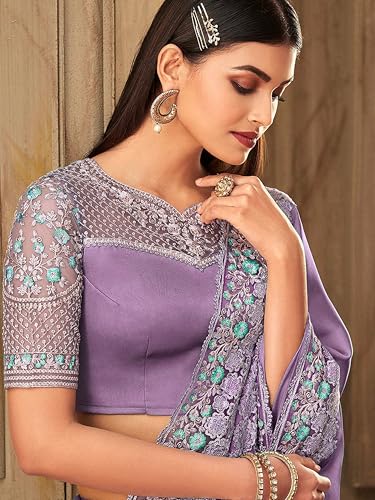 Image of TRENDMALLS Women's Designer Rangoli Silk Embroidered Saree with Floral Cutwork Border, Sequin Work and Unstitched Blouse Piece For Women