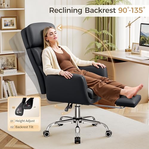 Image of Big and Tall Office Chair 500LBS, Ergonomic High Back Leather Executive Chair, Reclining Swivel with Adjustable Armrests Lumbar Support Footrest, Criss Cross Legged, Black