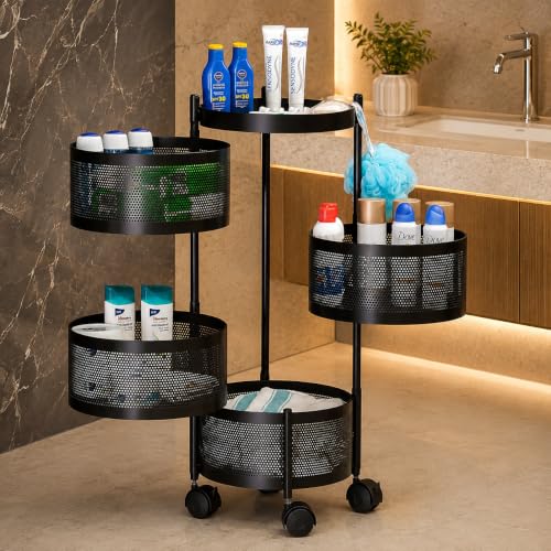 Image of MARKWELL Round Rotatable Kitchen Trolley with Wheels | Vegetable Fruit Onion Storage Rack | Multipurpose Metal Kitchen Organizer Stand | Matt Black (Round - 4 Layer)