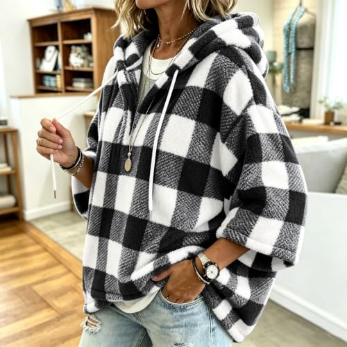 FPMLUXLL Women’s Plaid Sherpa Jacket Winter 3/4 Sleeve Hooded Pullover - image 3