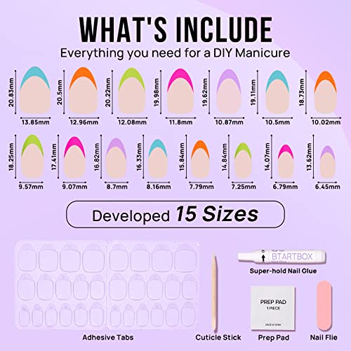 Press On Nails Short - Btartbox Soft Gel Press On Nails, Salon Like Fake Nails Short No Fade Out, Seamless Glue On Nails For Woman Nail Art Manicure, Neon Rainbow French & Cream Puff #TOP6
