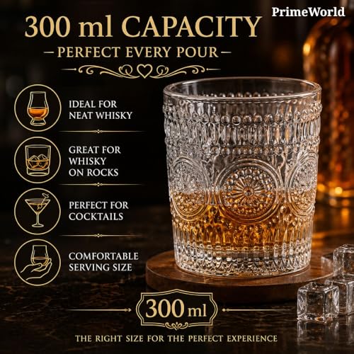 Image of PrimeWorld Embossed Romantic European Crystal Whiskey Glasses Set of 6 pcs- 300 ml Bar Glass for Drinking Bourbon, Whisky, Scotch, Cocktails, Cognac- Old Fashioned Cocktail Tumblers