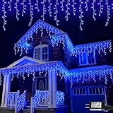 QITONG Blue Icicle Lights for Outside, 66ft 800 LED String Lights Plug in with 8 Modes, Clear Wire Connectable Icicle Christmas Light Indoor