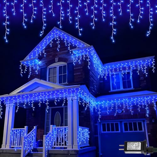 QITONG Blue Icicle Lights for Outside 66ft 800 LED String Lights Plug in with 8 Modes Clear Wire Connectable Icicle Christmas Light Indoor