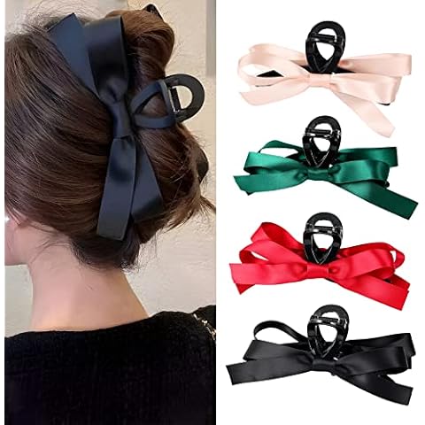 MHDGG Big Bow Hair Claw Clips for Women,4pcs Bow Hair Barrette Nonslip Claw Clip for Thin Thick Curly Hair,Bow Hair Dress Up Accessories for Birthday Party Show Christmas Thanksgiving(Black Pink Green Red) Cover