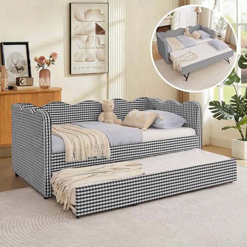 Duigonp Twin Size Gingham Daybed with Trundle Upholstered Linen Day Bed Frame with USB Ports & Wave-Shaped Backrest Modern Sofa Bed for Living Room Bedroom Guest Room No Box Spring Needed(Black)