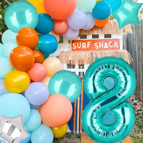 Image of Teal Blue Number 8 Balloons 40 Inch 8th Birthday Mermaid Theme 5 Pcs | Big Helium Mylar Digital Balloon Anniversary Wedding Party Decor Supplies