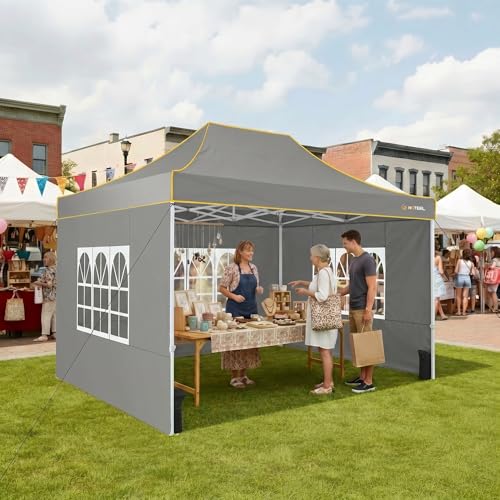 Image of Hoteel 10x15 Heavy Duty Pop Up Canopy Tent with 4 Sidewalls, Grey