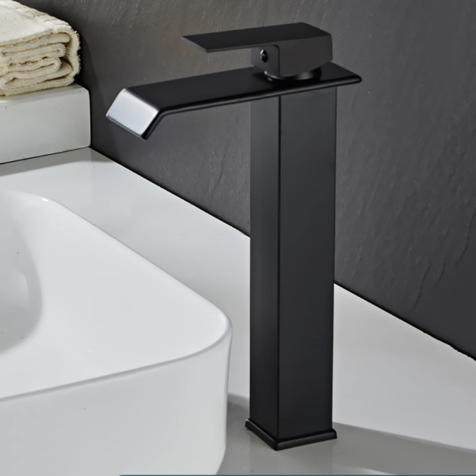 Robinet de salle de bain cascade en acier inoxydable noir haut mitigeur eau chaude froide
