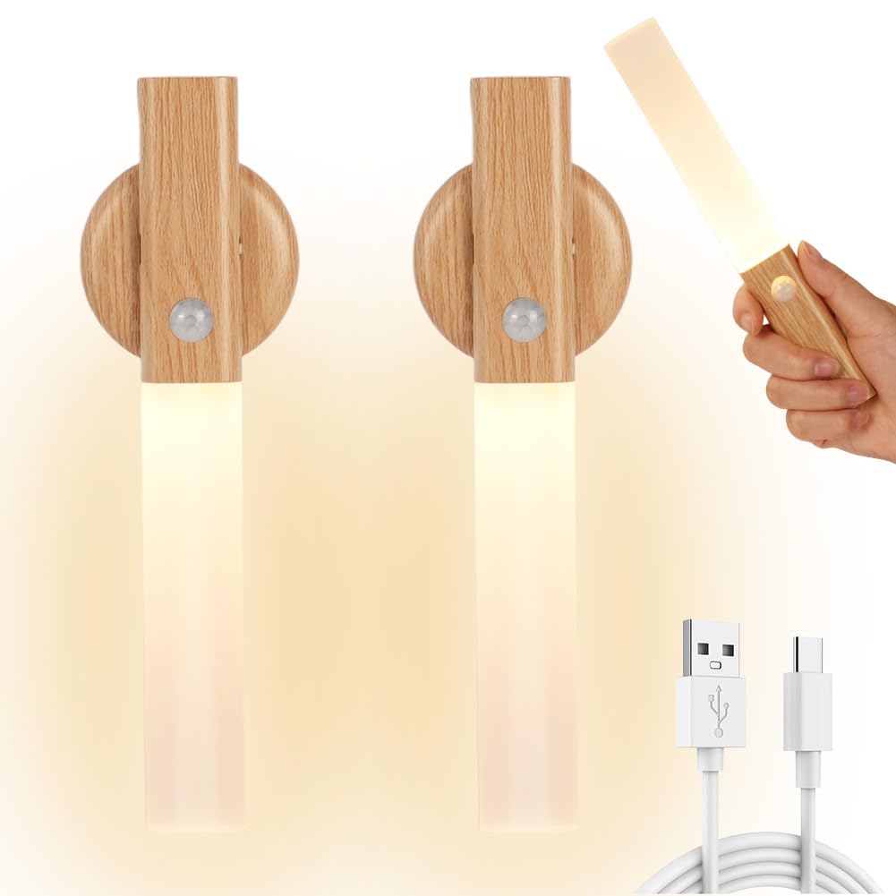 HOTUT Holz Wandleuchte Aufladbar mit Bewegungsmelder, 2 Stück LED Wandlampe Warmweiß ohne Stromanschluss mit Magnetische Basis, Kabellos Innen Wandleuchte für Treppen, Schlafzimmer, Flur