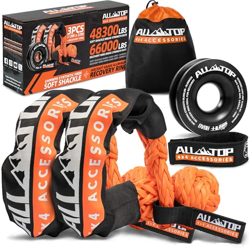 Image of ALL-TOP Synthetic Soft Shackle & Recovery Ring Kit (2PCS 1 /2in x 22in - 48300LBS Shackles + 1 Snatch Pulley Ring) for Winch Tackle Pulley System