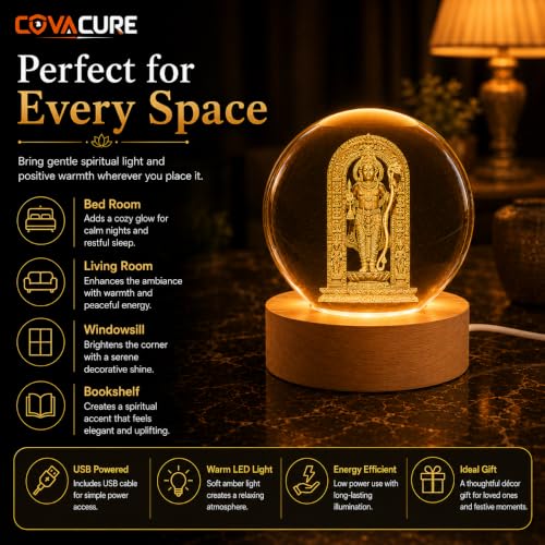 Image of COVACURE 3D Ram Lalla Ayodhya Idol Statue Showpiece Murti Crystal Ball Night Lamp, 2.4 Inch Ram Lalla Idol Crystal Ball Night Light for Home & Office Desk Decor, Birthday Gift, Spiritual Showpiece