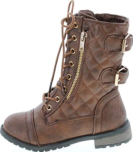 Link Girls Mango-79 Kids Combat Lace Up Quilted Dual Buckle Zip Decor Mid Calf Motorcycle Boots2