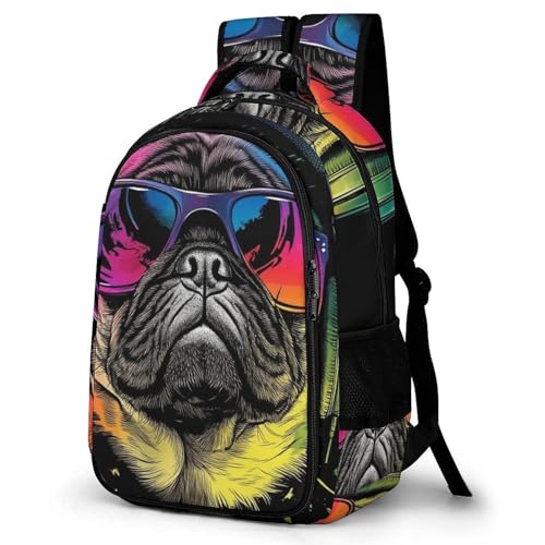 Casual Backpack for Unisex Adult, Novelty DJ Pug Black Large Capacity Backpack for Daily Use, Portable Shoulder Bag for Women Men