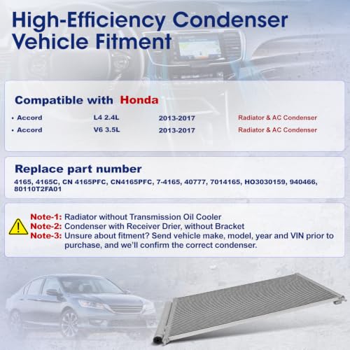 Image of Air Conditioning A /C Condenser Compatible with Honda Accord 2013 2014 2015 2016 2017# 4165, 7014165, HO3030159, 940466, 80110T2FA01