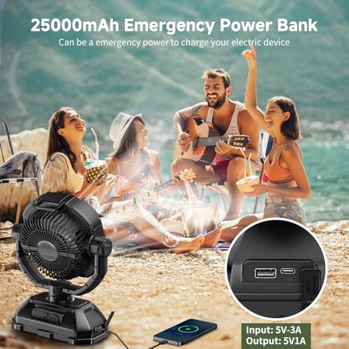 Portable Misting Fan Rechargeable for Hot Weather - 9-inch Auto Swivel Camping Fan with 25000mAh USB Battery as Power Bank, Outdoor fan with 4 Mist Cooler, 7L Bucket for Patio,Fishing,Yard,Beach,Golf