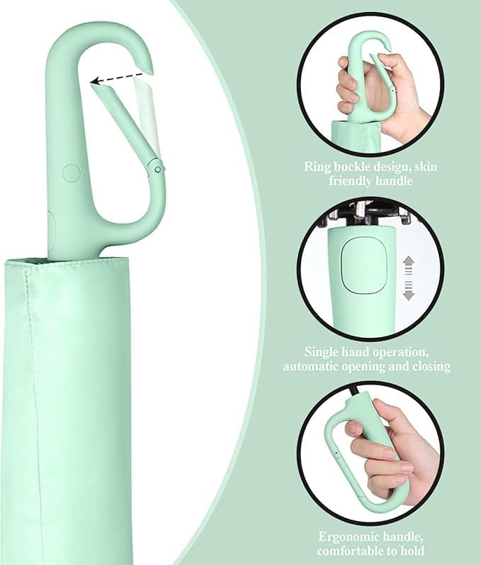 Image of TEKCOOL UV Umbrella with Novelty Carabiner Handle, Travel Umbrellas for Rain and Sun Windproof Compact, Automatic Open Close, 8 Ribs, Portable Umbrella for Men and Women(Light Green)'';