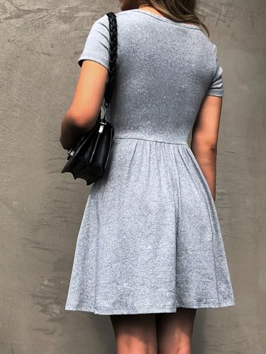 Image of Mieazom Women's Summer Casual Short Sleeve Mini Dress Square Neck A Line Pleated Swing Dresses Basic Short Dress with Pockets